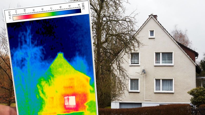 Das Bild zeigt ein Haus, sowie eine Wärmeaufnahme dieses Hauses. 