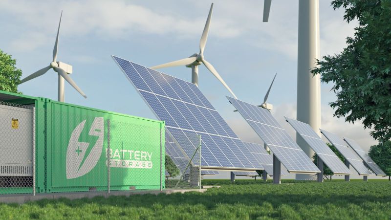 Das Bild zeigt Windräder und Solarpanels neben einem Container mit einem Energiespeicher.