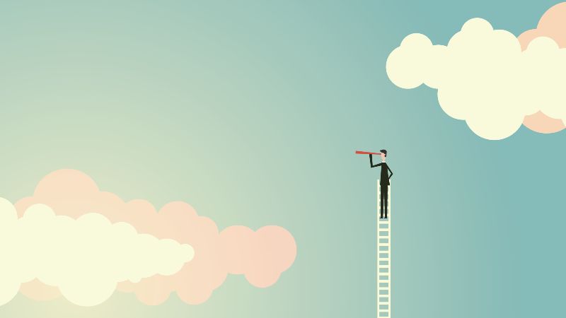 Das Bild zeigt die Grafik eines Mannes, der auf einer Leiter steht, die bis in den den Himmel ragt, und in die mit einem Fernrohr in den Himmel blickt. 