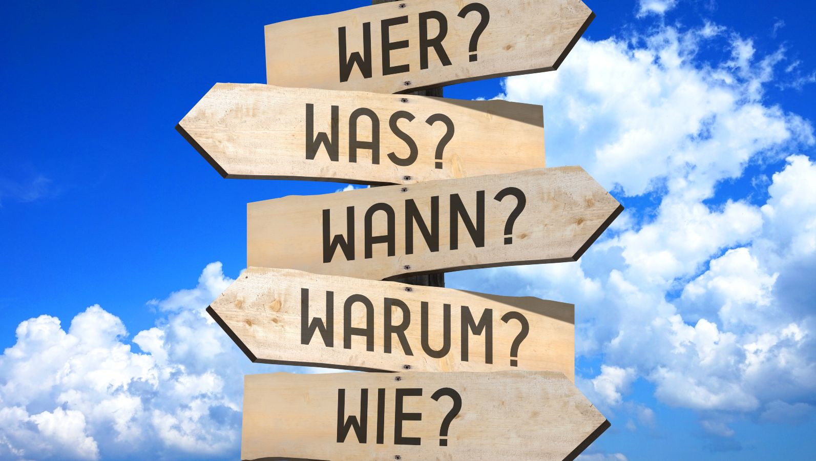 Zu sehen ist ein fiktives Richtungsschild mit den Fragen: Wer? Was? Wann? Warum? Wie?