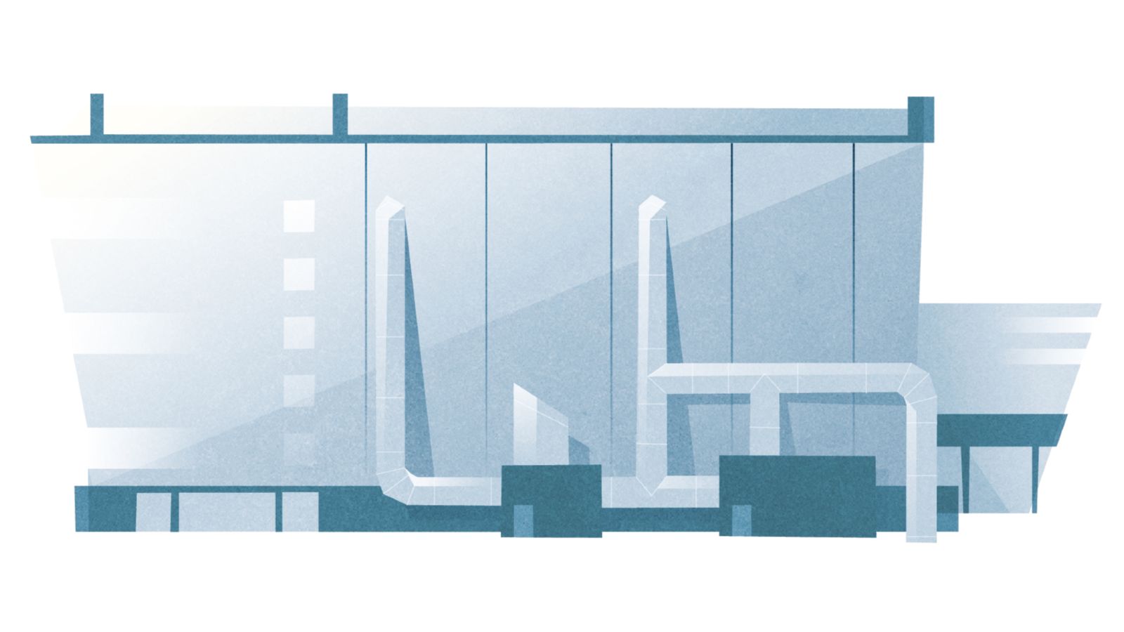 Das Bild zeigt eine Fabrik mit hervorgehobenen Heiz- und Kühlanlagen. 